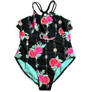 Girl's Wonder Nation Girls Black Floral One Piece Swimsuit Crossback Size XL/14